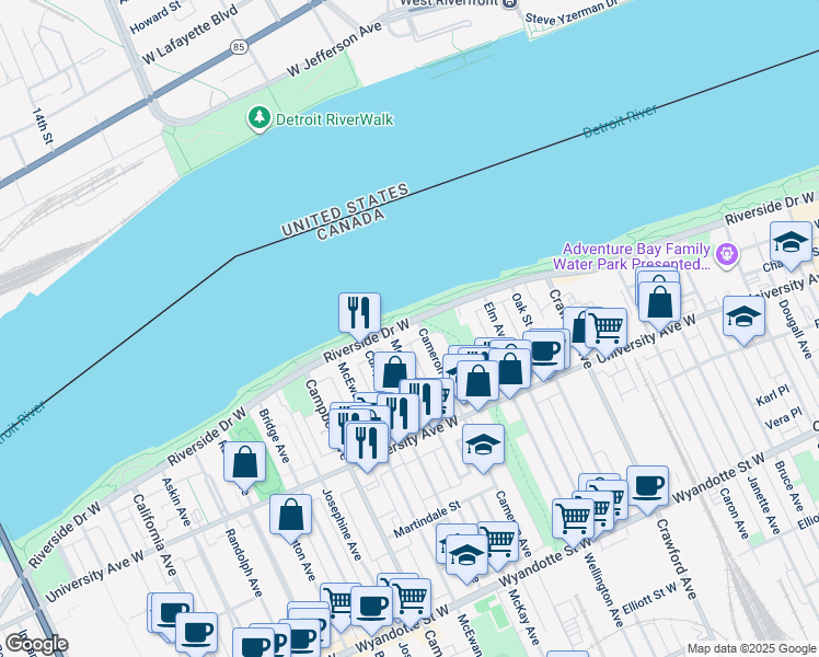 map of restaurants, bars, coffee shops, grocery stores, and more near 1339 Riverside Drive West in Windsor
