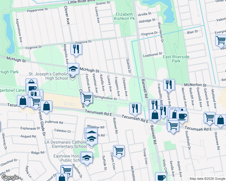 map of restaurants, bars, coffee shops, grocery stores, and more near 2532 Luxury Avenue in Windsor