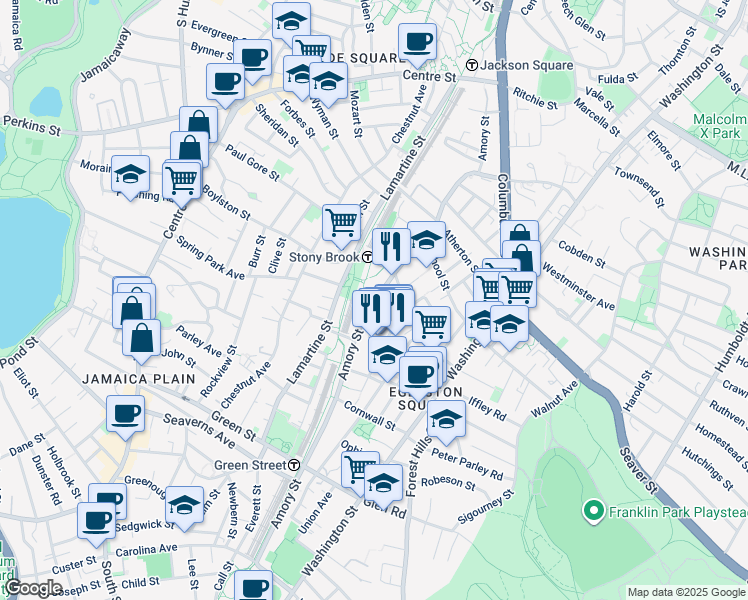 map of restaurants, bars, coffee shops, grocery stores, and more near 278 Amory Street in Boston