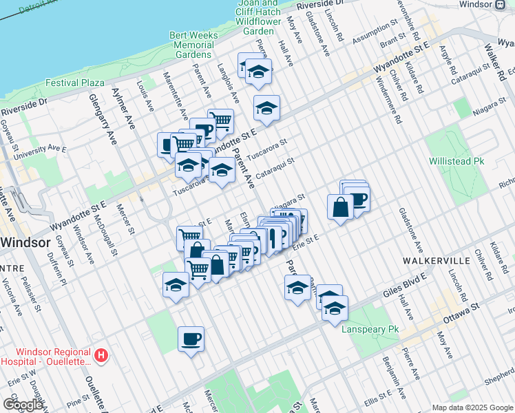 map of restaurants, bars, coffee shops, grocery stores, and more near 915 Parent Avenue in Windsor