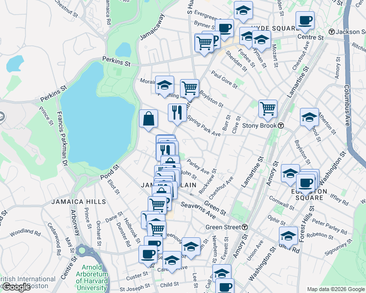 map of restaurants, bars, coffee shops, grocery stores, and more near 11 Parley Avenue in Boston