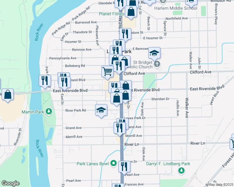 map of restaurants, bars, coffee shops, grocery stores, and more near 5802 North 2nd Street in Loves Park