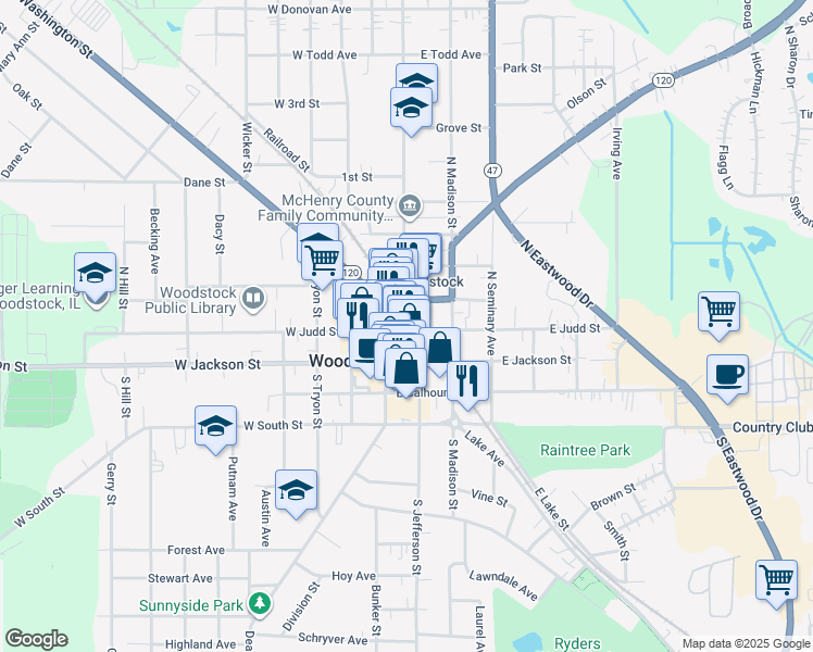 map of restaurants, bars, coffee shops, grocery stores, and more near 107 North Jefferson Street in Woodstock