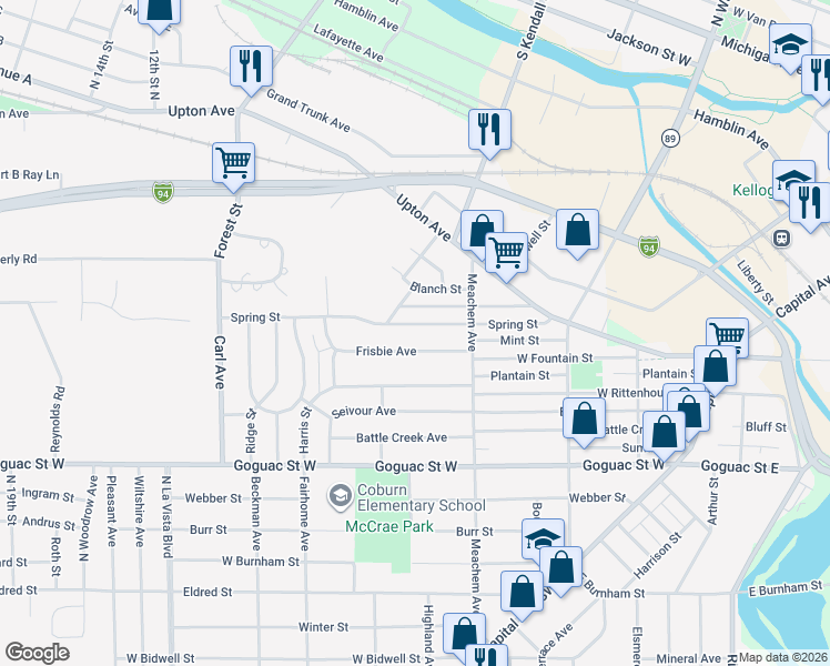 map of restaurants, bars, coffee shops, grocery stores, and more near 41 Blanch Street in Battle Creek