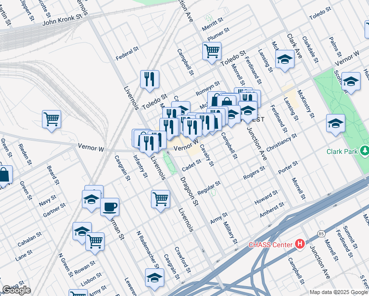 map of restaurants, bars, coffee shops, grocery stores, and more near W Vernor Hwy & Military St in Detroit