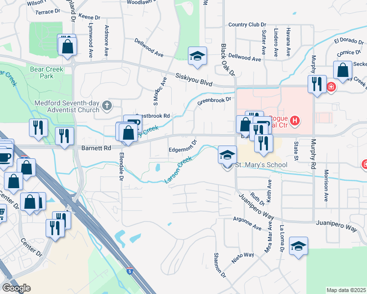 map of restaurants, bars, coffee shops, grocery stores, and more near 2433 Edgemont Drive in Medford