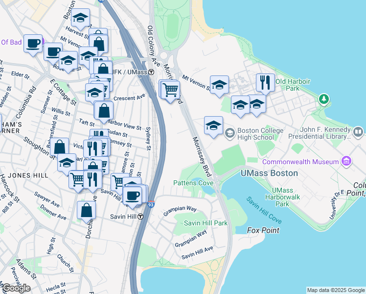 map of restaurants, bars, coffee shops, grocery stores, and more near 75-129 William T Morrissey Blvd in Boston