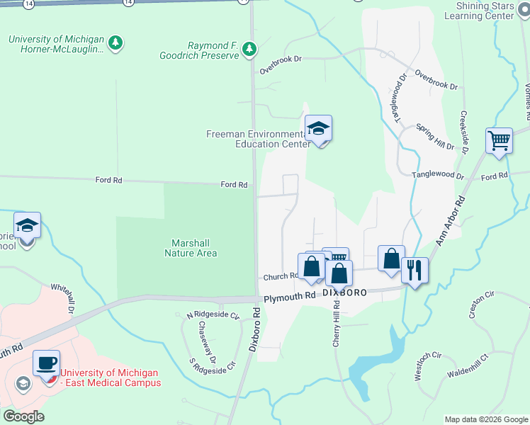 map of restaurants, bars, coffee shops, grocery stores, and more near 3437 Beaumont Road in Ann Arbor