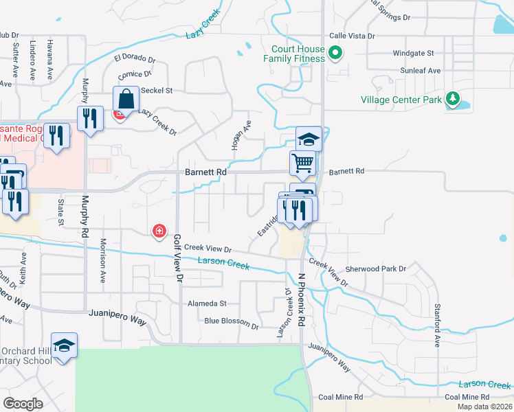 map of restaurants, bars, coffee shops, grocery stores, and more near 695 Mountain View Drive in Medford