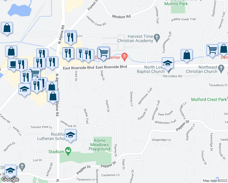 map of restaurants, bars, coffee shops, grocery stores, and more near 3815 Sage Drive in Rockford