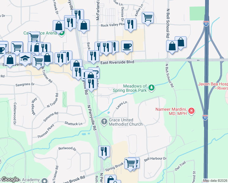 map of restaurants, bars, coffee shops, grocery stores, and more near 7010 Forest Glen Drive in Rockford