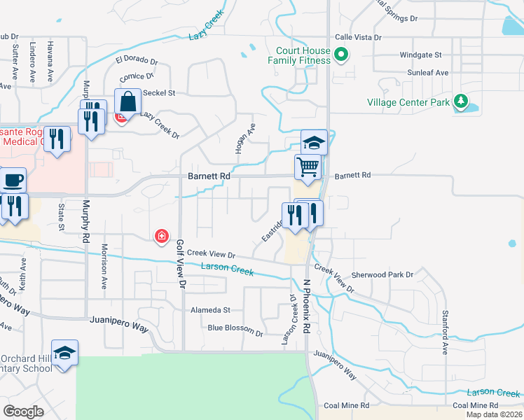 map of restaurants, bars, coffee shops, grocery stores, and more near 695 Mountain View Drive in Medford