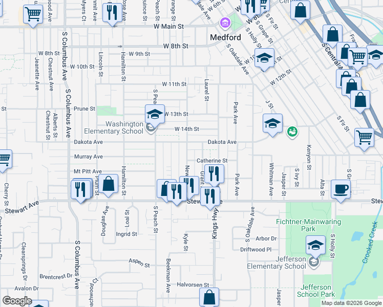 map of restaurants, bars, coffee shops, grocery stores, and more near 749 Dakota Avenue in Medford