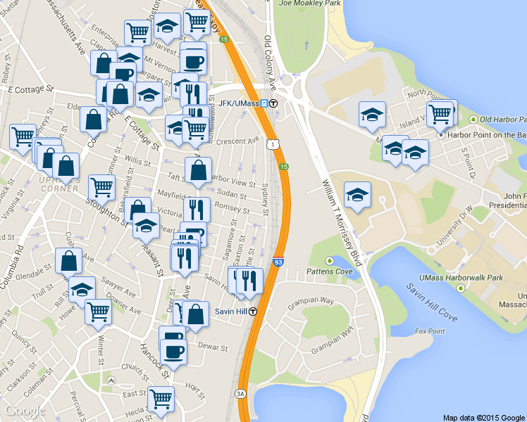 map of restaurants, bars, coffee shops, grocery stores, and more near 147 Sydney Street in Boston