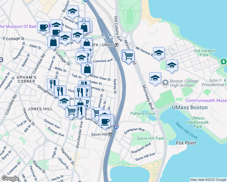 map of restaurants, bars, coffee shops, grocery stores, and more near 62-64 Sudan Street in Boston