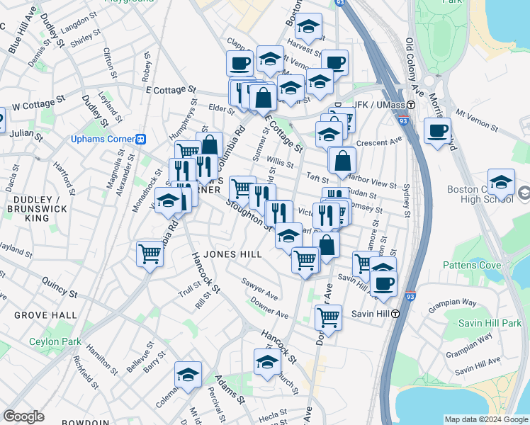 map of restaurants, bars, coffee shops, grocery stores, and more near 25A Morrill Street in Boston