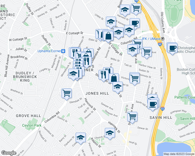 map of restaurants, bars, coffee shops, grocery stores, and more near 91 Sumner Street in Boston