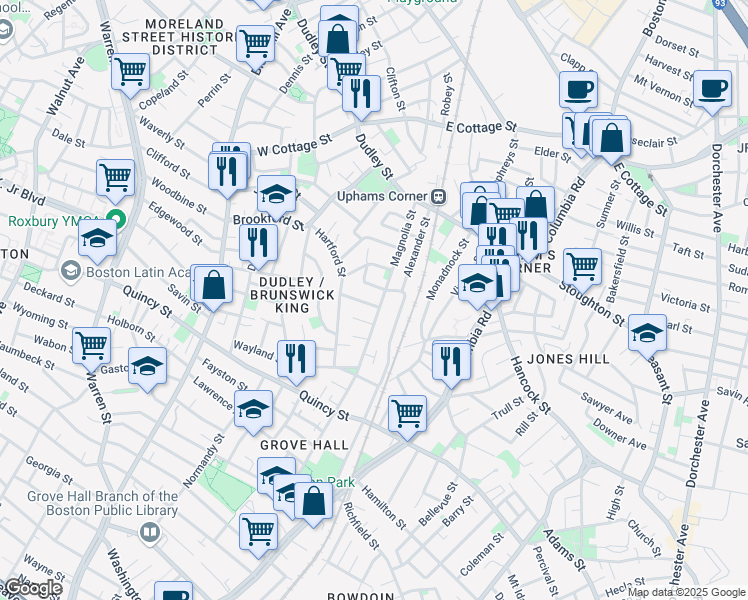 map of restaurants, bars, coffee shops, grocery stores, and more near 5 Half Moon Street in Boston
