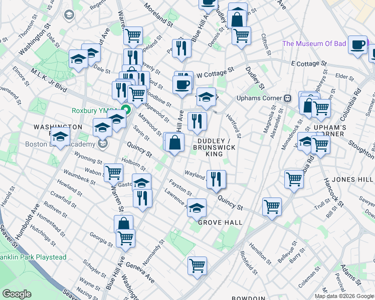 map of restaurants, bars, coffee shops, grocery stores, and more near in Boston