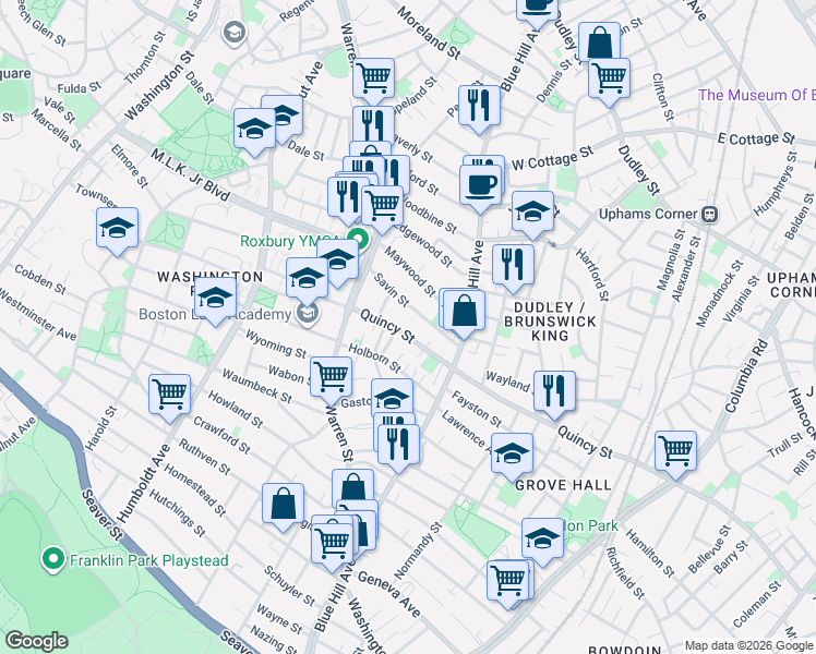 map of restaurants, bars, coffee shops, grocery stores, and more near 32-34 Savin Street in Boston