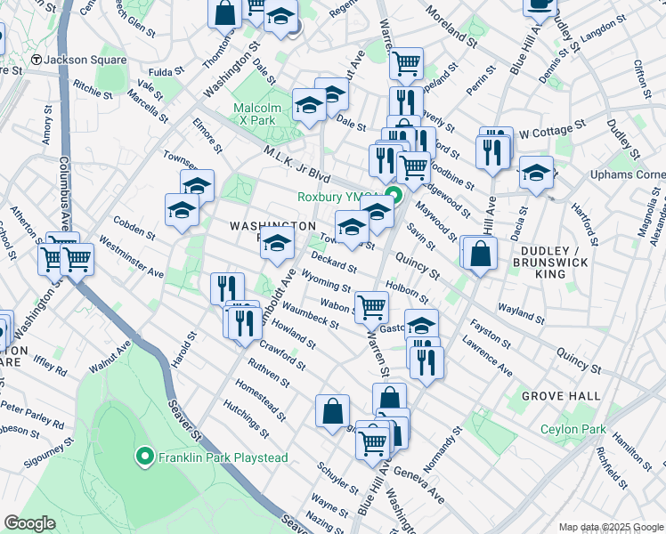 map of restaurants, bars, coffee shops, grocery stores, and more near 216 Townsend Street in Boston