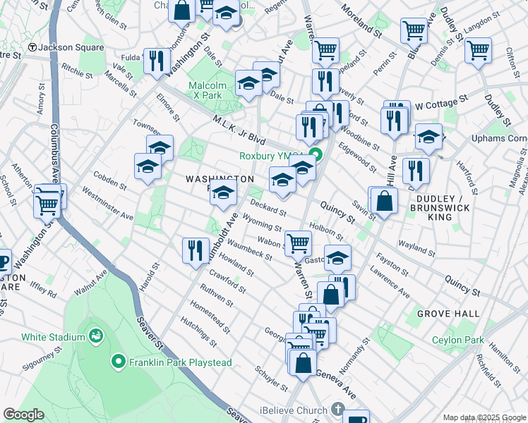 map of restaurants, bars, coffee shops, grocery stores, and more near 216 Townsend Street in Boston