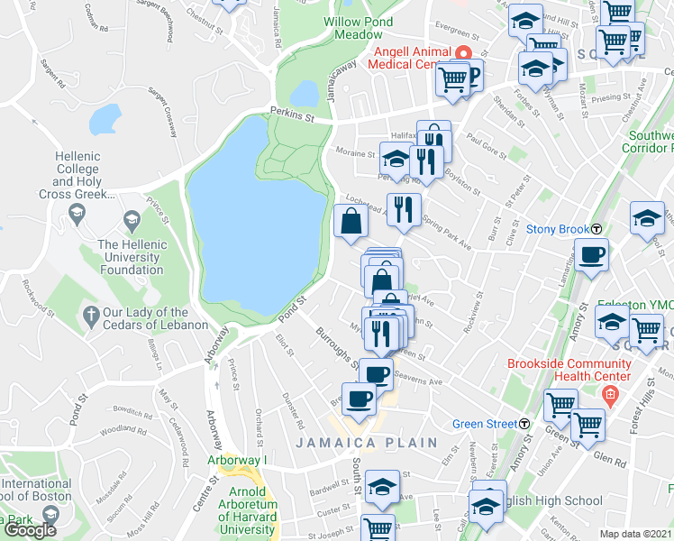map of restaurants, bars, coffee shops, grocery stores, and more near 478 Jamaicaway in Boston