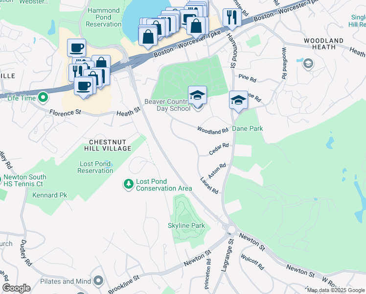 map of restaurants, bars, coffee shops, grocery stores, and more near 48 Laurel Road in Brookline