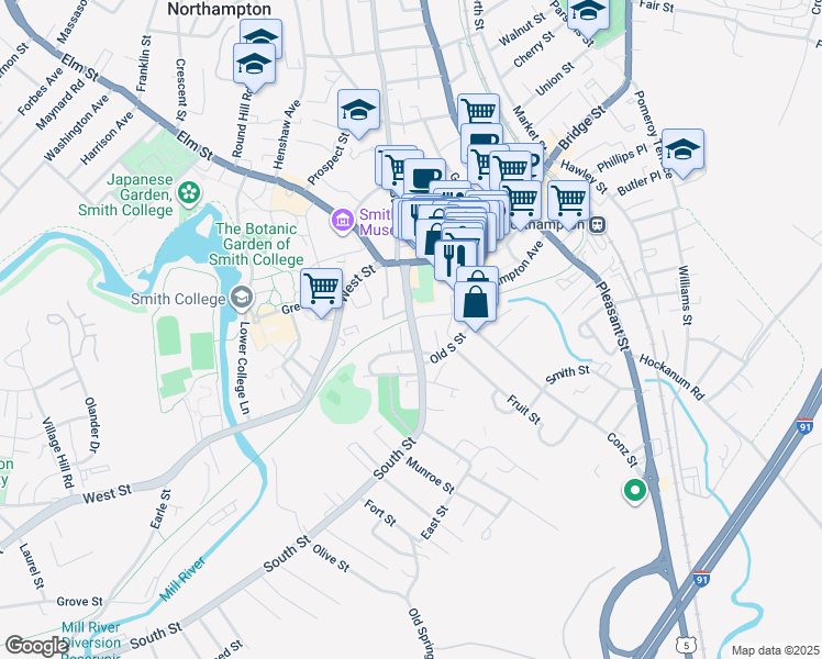 map of restaurants, bars, coffee shops, grocery stores, and more near 244 Main Street in Northampton