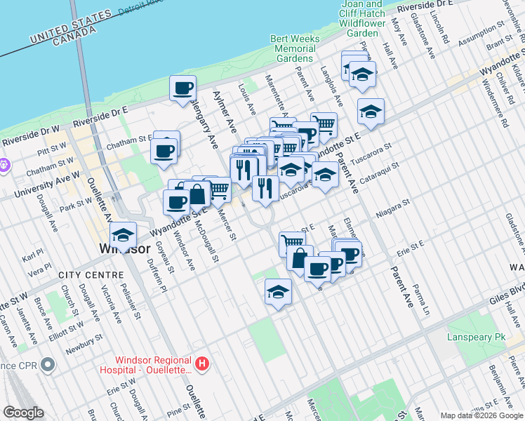 map of restaurants, bars, coffee shops, grocery stores, and more near 600 Tuscarora Street in Windsor