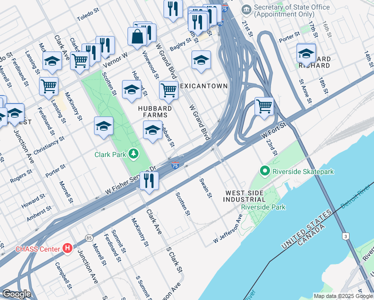 map of restaurants, bars, coffee shops, grocery stores, and more near 1015 Vinewood Street in Detroit
