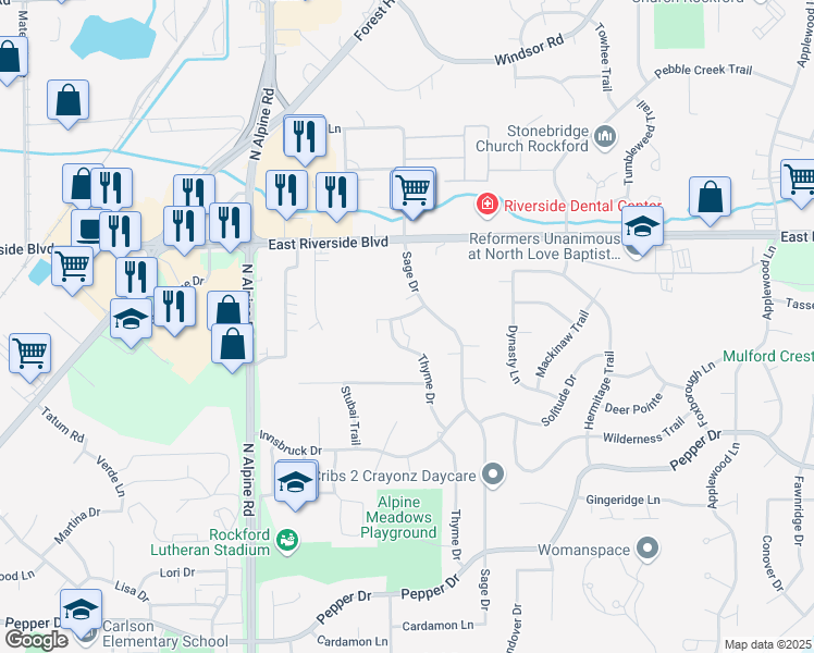 map of restaurants, bars, coffee shops, grocery stores, and more near 4742 Charing Drive in Rockford