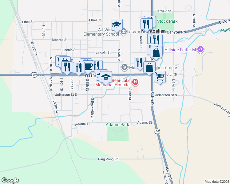 map of restaurants, bars, coffee shops, grocery stores, and more near 616 Jefferson Street in Montpelier