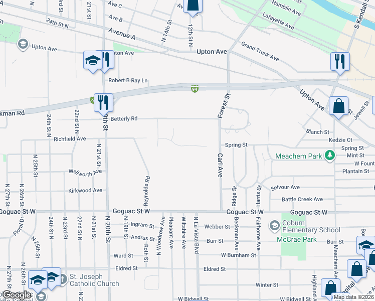 map of restaurants, bars, coffee shops, grocery stores, and more near 412 Ridgeline Road in Springfield