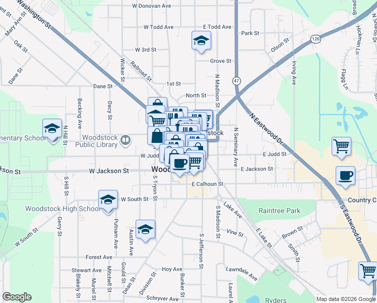 map of restaurants, bars, coffee shops, grocery stores, and more near in Woodstock