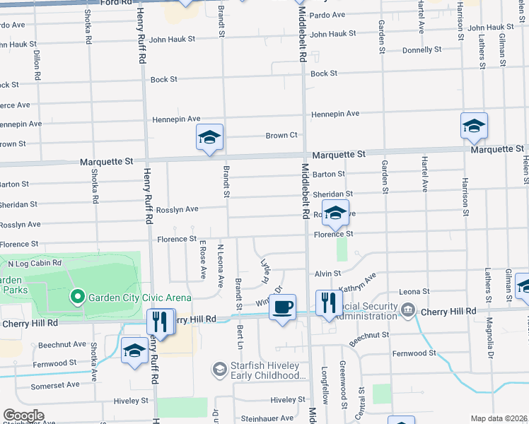 map of restaurants, bars, coffee shops, grocery stores, and more near 29535 Sheridan Street in Garden City