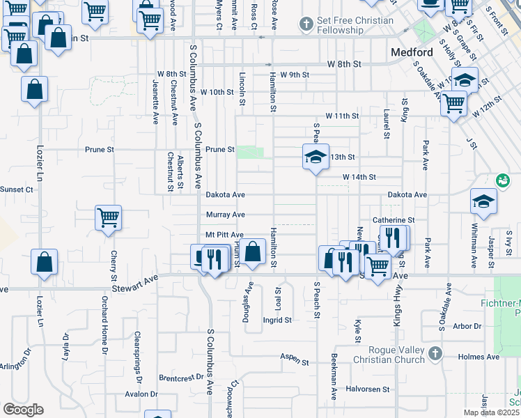 map of restaurants, bars, coffee shops, grocery stores, and more near 1119 Dakota Avenue in Medford