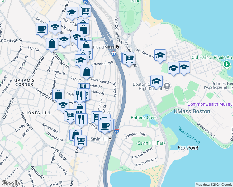 map of restaurants, bars, coffee shops, grocery stores, and more near 147 Sydney Street in Boston