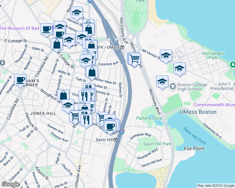 map of restaurants, bars, coffee shops, grocery stores, and more near 62-64 Sudan Street in Boston