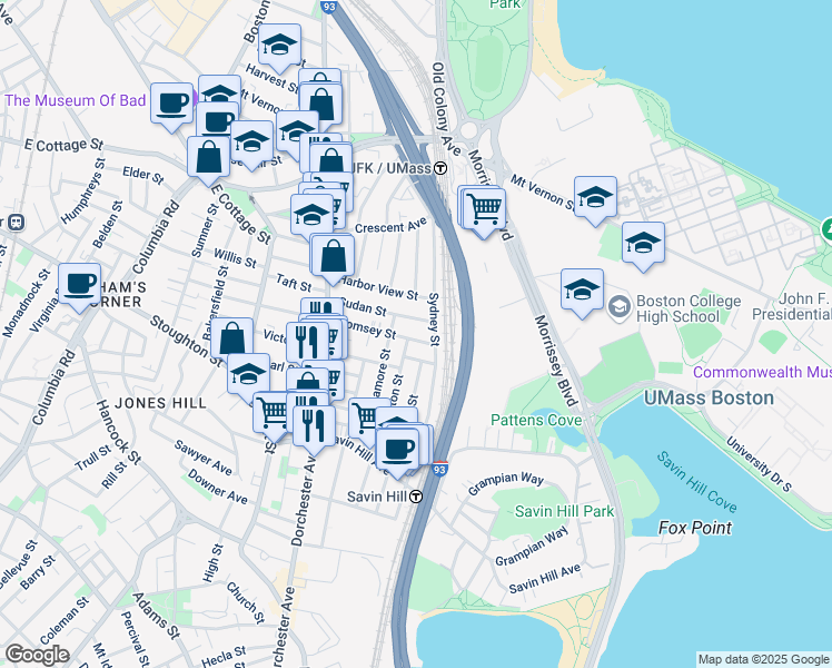 map of restaurants, bars, coffee shops, grocery stores, and more near 62-64 Sudan Street in Boston