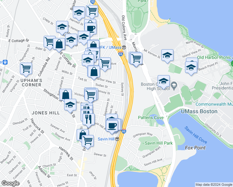 map of restaurants, bars, coffee shops, grocery stores, and more near 62-64 Sudan Street in Boston
