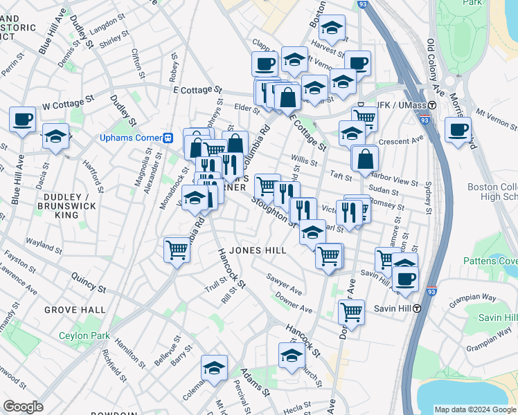 map of restaurants, bars, coffee shops, grocery stores, and more near 91 Sumner Street in Boston