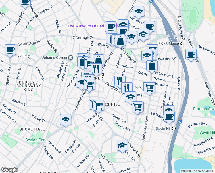 map of restaurants, bars, coffee shops, grocery stores, and more near 91 Sumner Street in Boston