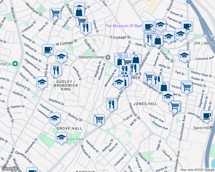map of restaurants, bars, coffee shops, grocery stores, and more near 28 Monadnock Street in Boston