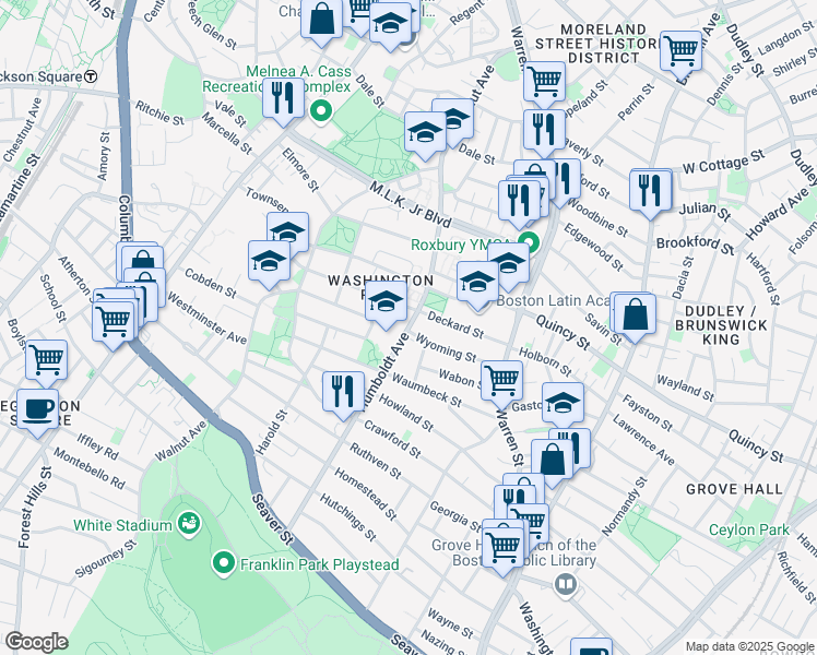 map of restaurants, bars, coffee shops, grocery stores, and more near 94 Harrishof Street in Boston
