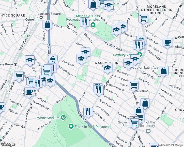 map of restaurants, bars, coffee shops, grocery stores, and more near 74 Holworthy Street in Boston
