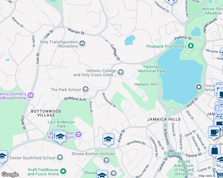map of restaurants, bars, coffee shops, grocery stores, and more near 100 Goddard Avenue in Brookline