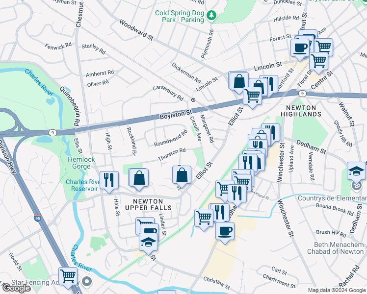 map of restaurants, bars, coffee shops, grocery stores, and more near 9 Thurston Road in Newton