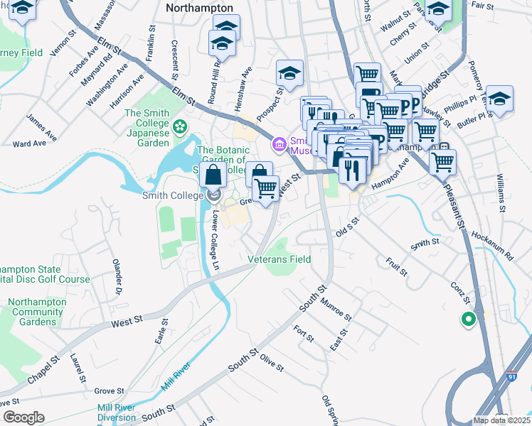 map of restaurants, bars, coffee shops, grocery stores, and more near 66 Green Street in Northampton