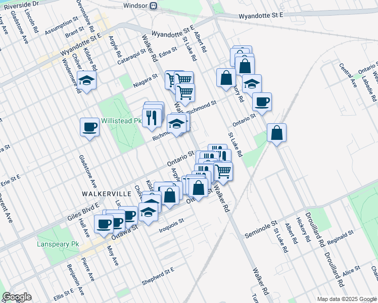 map of restaurants, bars, coffee shops, grocery stores, and more near in Windsor